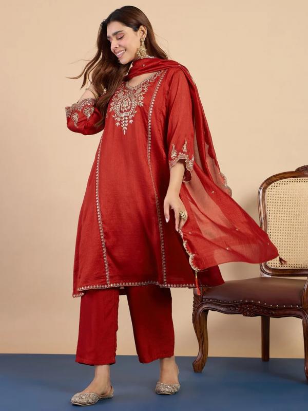 VP 9851 R Women's Rust Silk Blend Embroidered Straight Kurta Set with Dupatta